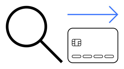 Magnifying glass searching for information, blue arrow pointing right towards credit card. Ideal for online shopping, transaction security, payment methods, digital commerce, internet banking