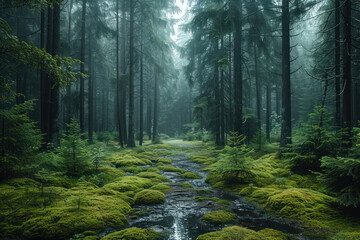 Obraz premium dense forest with tall coniferous trees covered with green mosses. 