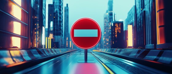 Futuristic Cityscape with Red Circle Icon