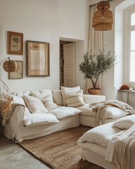 Fototapeta premium Cozy living room with light beige walls, large couch, and olive tree for a boho aesthetic