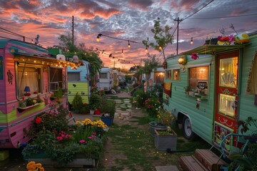 Fototapeta premium Eclectic bohemian trailer park at sunset. Vintage trailers adorned with art, bloom-filled gardens, string lights glow. A vibrant, whimsical community.