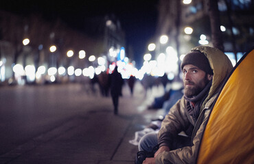 Urban Homeless Man with Street Tents: Highlighting Housing Crisis, Poverty, and Social Inequality in City Life – Temporary Shelters, and the Struggles of the Unhoused Community