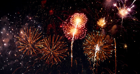 Fototapeta premium Colorful vibrant Firework celebrate anniversary happy new year 2025, 4th of july holiday festival. colorful firework night time to celebrate national holiday. countdown new year party 2025 background