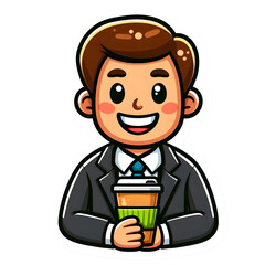 A cheerful office worker with a suit and tie, holding a coffee cup, cartoon style, vibrant colors, sticker outline, and a friendly smile.