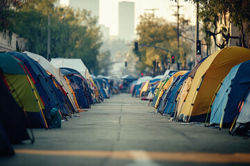 Homeless Tents in an Urban Cityscape: A Stark Depiction of Poverty, Housing Crisis, and Social Inequality – Highlighting Street Encampments, Temporary Shelters, and Urban Struggles in Public Spaces