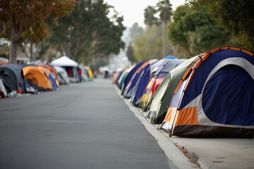 Urban Homeless Encampments with Makeshift Tents: Capturing the Reality of Housing Insecurity, Poverty, and Resilience in City Life – A Powerful Visual of Socio-Economic Disparity and Survival