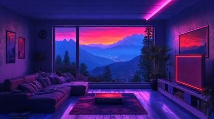 Modern living room with neon accents and stunning mountain sunset views.