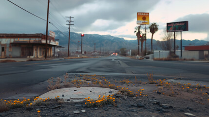 Abandoned Street in Rural America: A Stark Depiction of Poverty, Economic Decline, and Urban Decay – Highlighting Neglected Buildings, Deserted Neighborhoods, and the Struggles of Poverty-Stricken Tow