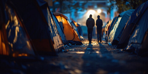Urban Homeless Encampment with Street Tents showing two people in the housing crisis and poverty  in City Life – Temporary Shelters, Public Spaces, and the Struggles of the Unhoused Community