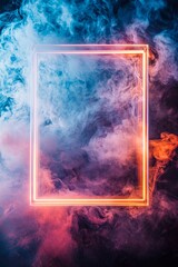 Fototapeta premium A closeup of an empty frame made from translucent acrylic, floating midair, surrounded by swirling, colorful smoke trails illuminated by a soft backlight 