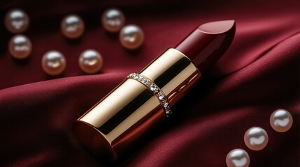 Luxury lipstick, diamonds, pearls, red silk, beauty