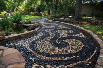 Obraz premium Serene Front Yard Featuring Pebble Walkway and Fish Pond