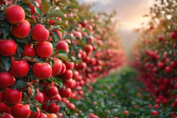 Ripe red apples orchard, rows of apple trees, orchard harvest.