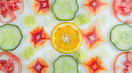 Fresh colorful vegetables and fruits arranged in vibrant pattern on white surface, symbolizing healthy diet and nutrition for digestive wellness and gut health.