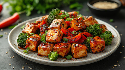Sesame Tofu Stir-fry,	Stir-fried tofu with broccoli and peppers in a sesame sauce.