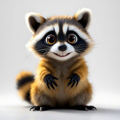 Fototapeta premium Adorable cartoon raccoon, sitting, neutral background, children's book illustration