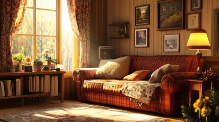 Obraz premium Cozy Living Room Sunlit Autumn Afternoon