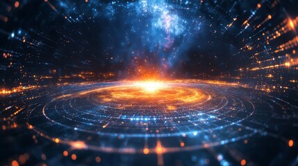 Dynamic cosmic swirling in vibrant orange and blue hues, evoking the depth of space.