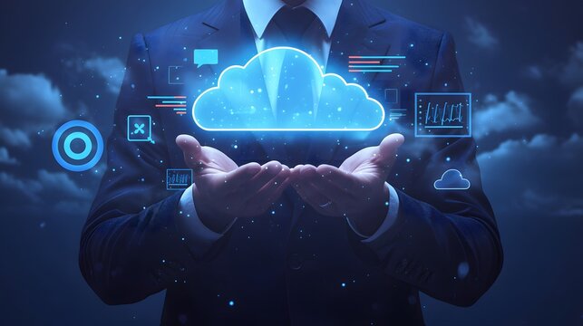 Businessman presenting advanced cloud computing and its future potential.