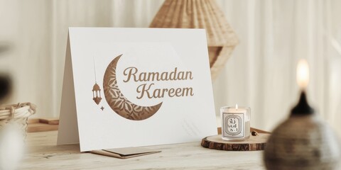 Naklejka premium Ramadan Kareem greeting card with moon lantern candle