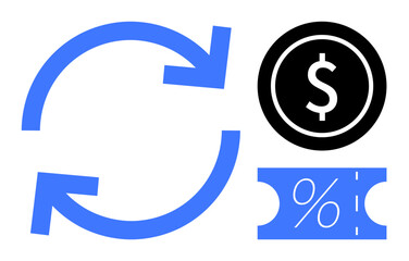 Rotating arrows symbolizing currency exchange process, dollar coin icon representing money, and percentage sign on a discount ticket. Ideal for finance, recycling, savings, economy, transactions