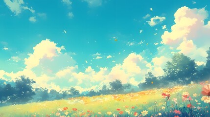 Fototapeta premium Calm landscape with a field of flowers and a bright sky, an idyllic scene brought to life with an anime touch.