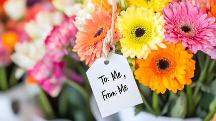 Vibrant bouquet of flowers with tag reading To Me, From Me evokes self love