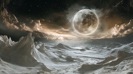 Fototapeta premium Otherworldly lunar landscape under a glowing full moon.