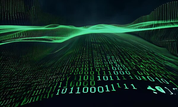 Abstract green binary code wave flowing over dark background.