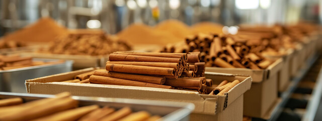 Production line packing of cinnamon sticks in an industrial setting with clean surroundings