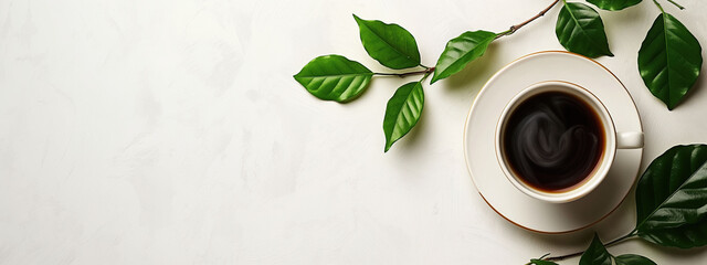 Relaxing coffee moment with fresh coffee leaves on a clean surface for text and branding