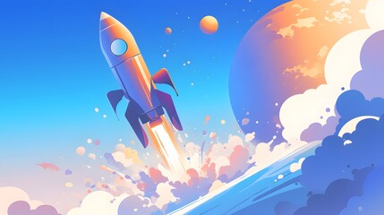 Fototapeta premium Cartoon rocket spaceship taking off with a clean background for startup or space exploration concept.