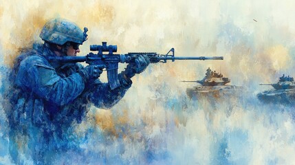 Soldier aiming with precision amidst armored vehicles