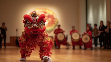 A lion dance performance with vibrant red and gold costumes and drummers in the background