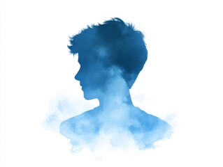 Stylish man posing against an abstract blue and white backdrop in a contemporary photoshoot