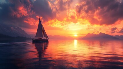 A sailboat glides across a serene lake during a vibrant sunset.