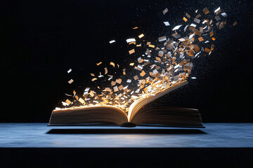 Abstract glowing book with words streaming into a screen, showcasing a futuristic storytelling concept