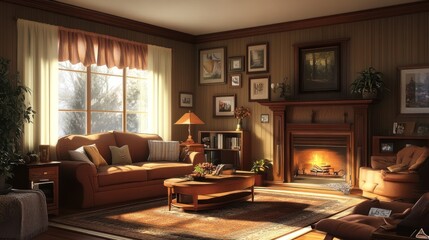 Cozy Winter Living Room: Sunlit Interior with Fireplace and Bookshelves