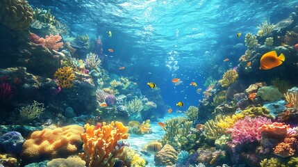 Obraz premium Vibrant Underwater Coral Reef Scene with Colorful Fish