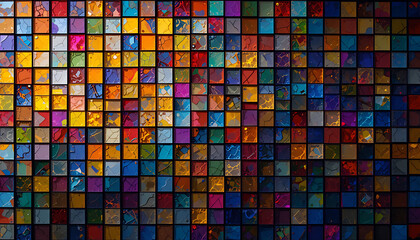 Fototapeta premium Vibrant mosaic tiles, evoking stained glass artwork in abstract background. generative ai