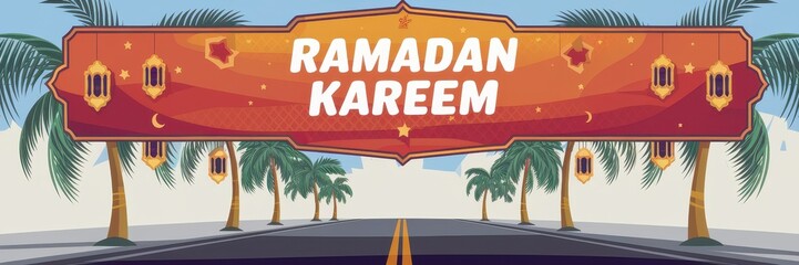 Obraz premium Ramadan Kareem greeting with palm trees and lanterns