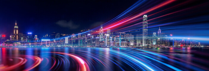 Vibrant Hong Kong cityscape at night, illuminated by streaks of light depicting fast-paced city...