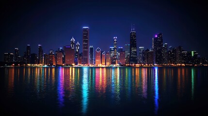 Fototapeta premium Night View of Chicago's Dazzling Skyline, Reflected on Calm Waters