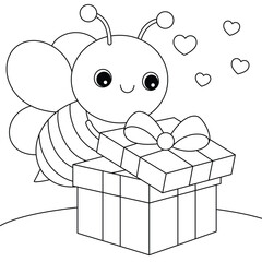 Cute cartoon bee open the gift box coloring page for kids