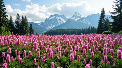 Obraz premium A vibrant field of sprawling pink lupine flowers, with lush green leaves framing each bloom. A picturesque landscape that captures the essence of nature's beauty