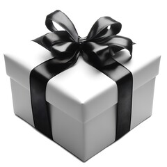 A white gift box with a black ribbon bow