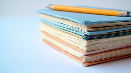Stacked colorful notebooks with a pen on top