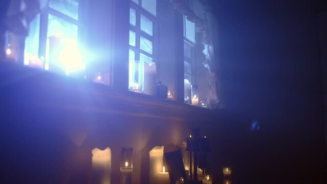 dramatic moonlight window shot with candles and flaring, haunted house, alien invasion