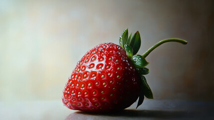 A single, ripe strawberry with a leaf still attached, dew drops on its surface, against a light backdrop.