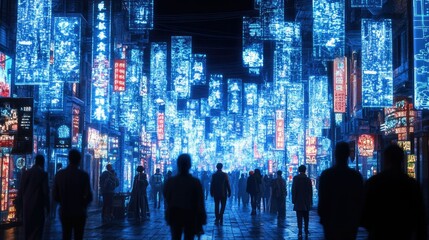 Neon Lit City Street Night Scene People Walking